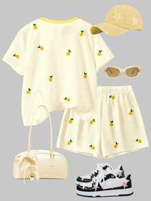 2pcs/Set Tween Girls Butter Yellow Retro Lemon Print Contrast Collar Short Sleeve T-Shirt And Shorts Set,Cute Summer Vacation Outing Holiday Wear - Multicolor - View 2