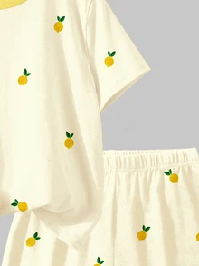 2pcs/Set Tween Girls Butter Yellow Retro Lemon Print Contrast Collar Short Sleeve T-Shirt And Shorts Set,Cute Summer Vacation Outing Holiday Wear - Multicolor - View 6