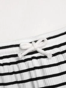 SHEIN 青少年女孩針織羅紋黑白休閒運動長褲 - 黑與白 - 查看 5