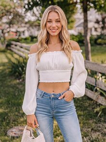 Coeurva Off Shoulder Lantern Sleeve Shirred Hem Blouse - White - View 9