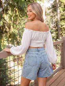 Coeurva Off Shoulder Lantern Sleeve Shirred Hem Blouse - White - View 2