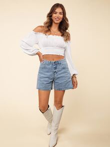 Coeurva Off Shoulder Lantern Sleeve Shirred Hem Blouse - White - View 13