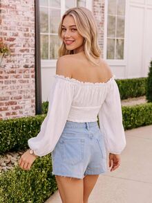 Coeurva Off Shoulder Lantern Sleeve Shirred Hem Blouse - White - View 11