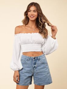 Coeurva Off Shoulder Lantern Sleeve Shirred Hem Blouse - White - View 14