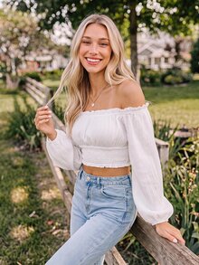 Coeurva Off Shoulder Lantern Sleeve Shirred Hem Blouse - White - View 8