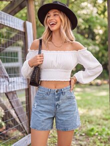 Coeurva Off Shoulder Lantern Sleeve Shirred Hem Blouse - White - View 5