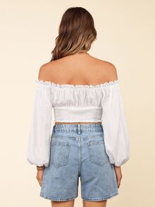 Coeurva Off Shoulder Lantern Sleeve Shirred Hem Blouse - White - View 16