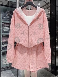 Resyla 女款全印花連帽拉鍊長袖上衣與短褲休閒日常套裝 - 粉色 - 查看 3