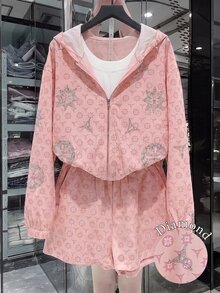 Resyla 女款全印花連帽拉鍊長袖上衣與短褲休閒日常套裝 - 粉色 - 查看 1