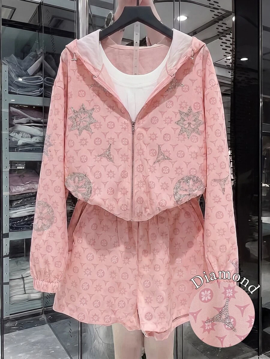 Resyla 女款全印花連帽拉鍊長袖上衣與短褲休閒日常套裝 - 粉色 - 查看 1
