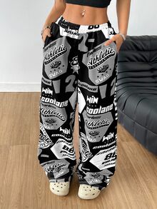 Coolane Pantalón de chándal gris con estampado de texto en inglés, estilo casual de calle, talla grande, adecuado para otoño/invierno - Multicolor - Ver 6