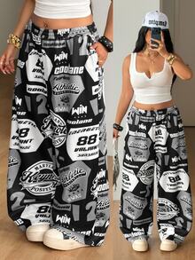 Coolane Pantalón de chándal gris con estampado de texto en inglés, estilo casual de calle, talla grande, adecuado para otoño/invierno - Multicolor - Ver 1