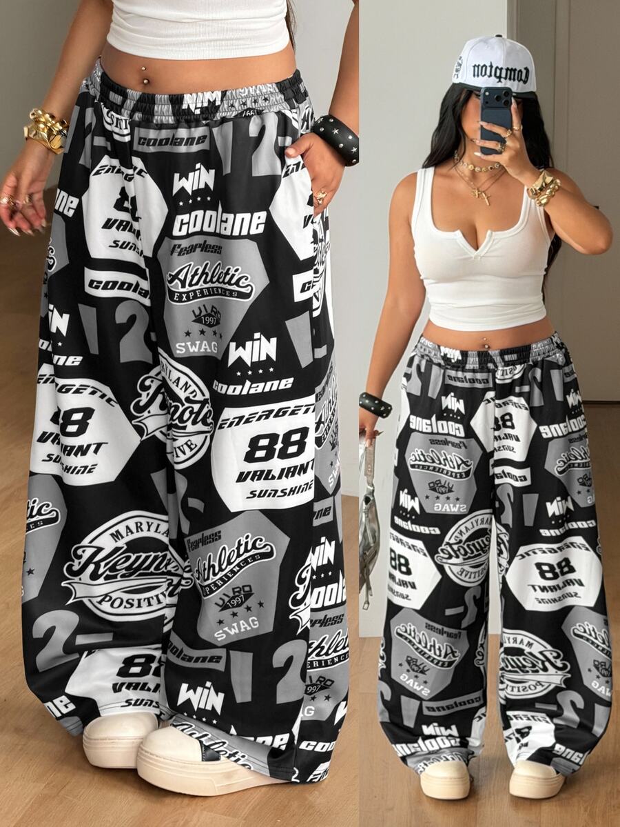 Coolane Pantalón de chándal gris con estampado de texto en inglés, estilo casual de calle, talla grande, adecuado para otoño/invierno - Multicolor - Ver 1