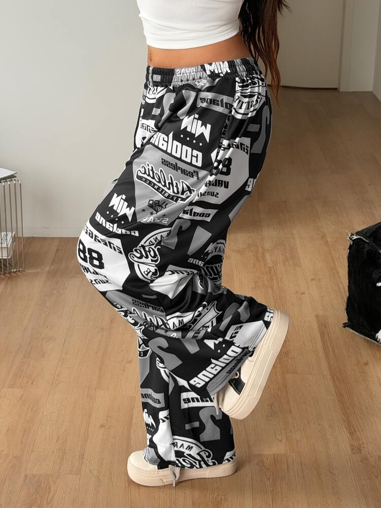 Coolane Plus Size Women Casual Street Style Full Print English Text Grey Sweatpants, Suitable For Autumn/Winter - Multicolor - View 3