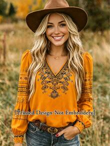 EMERY ROSE Women's V-Neck Pleated Casual Boho Versatile Daily Wear Blouse Travel Mustard Yellow Autumn - Yellow - View 1