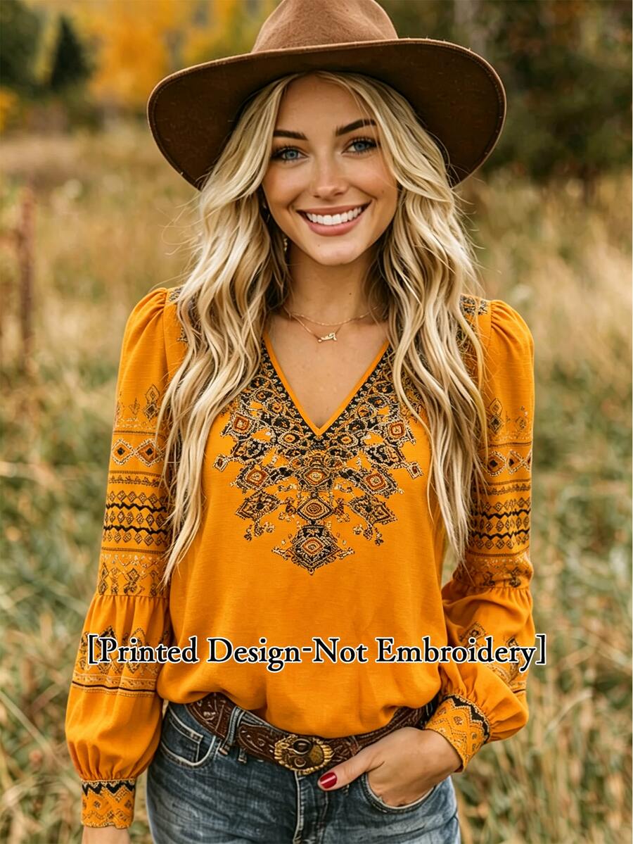 EMERY ROSE Women's V-Neck Pleated Casual Boho Versatile Daily Wear Blouse Travel Mustard Yellow Autumn - Yellow - View 1