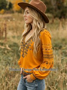 EMERY ROSE Women's V-Neck Pleated Casual Boho Versatile Daily Wear Blouse Travel Mustard Yellow Autumn - Yellow - View 4