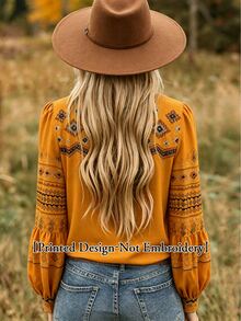EMERY ROSE Women's V-Neck Pleated Casual Boho Versatile Daily Wear Blouse Travel Mustard Yellow Autumn - Yellow - View 2