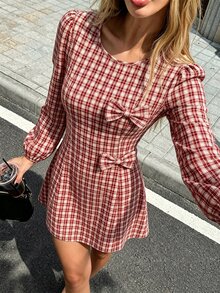 SHEIN PariChic Double Bow Decor Round Neck Puff Long Sleeve Ruched Waist A-Line Mini Dress Daily Dating Outfit - Burgundy - View 5