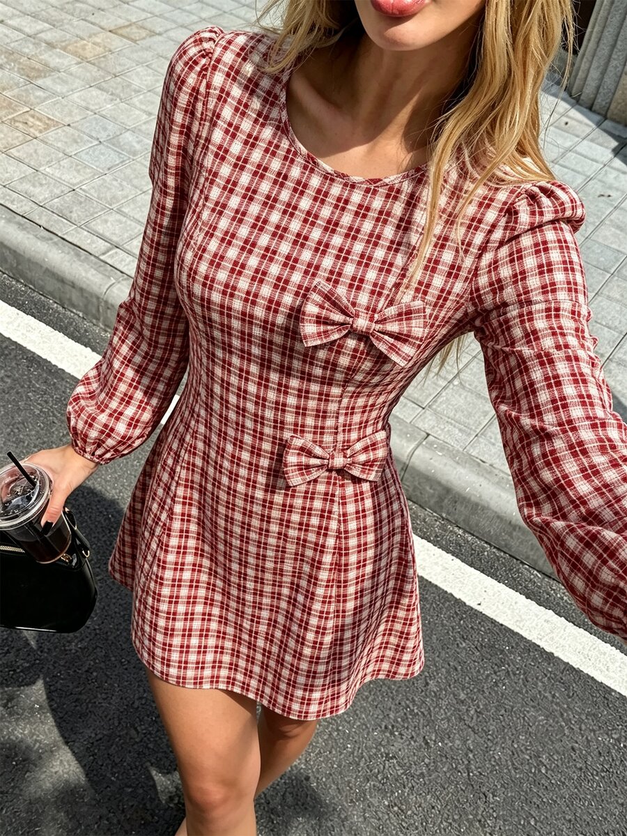 SHEIN PariChic Double Bow Decor Round Neck Puff Long Sleeve Ruched Waist A-Line Mini Dress Daily Dating Outfit - Burgundy - View 1