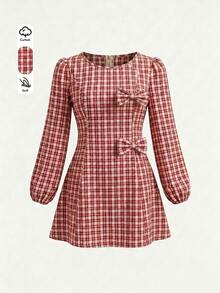 SHEIN PariChic Double Bow Decor Round Neck Puff Long Sleeve Ruched Waist A-Line Mini Dress Daily Dating Outfit - Burgundy - View 4