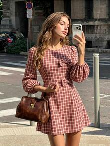 SHEIN PariChic Double Bow Decor Round Neck Puff Long Sleeve Ruched Waist A-Line Mini Dress Daily Dating Outfit - Burgundy - View 3