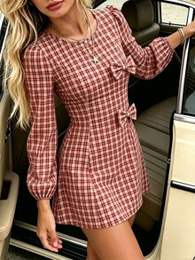 SHEIN PariChic Double Bow Decor Round Neck Puff Long Sleeve Ruched Waist A-Line Mini Dress Daily Dating Outfit - Burgundy - View 1