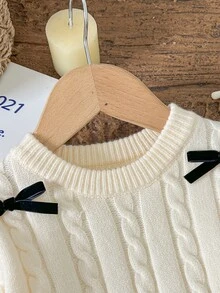 SHEIN 女嬰蝴蝶結裝飾圓領長袖秋冬毛衣，柔軟舒適 - 白色 - 查看 3