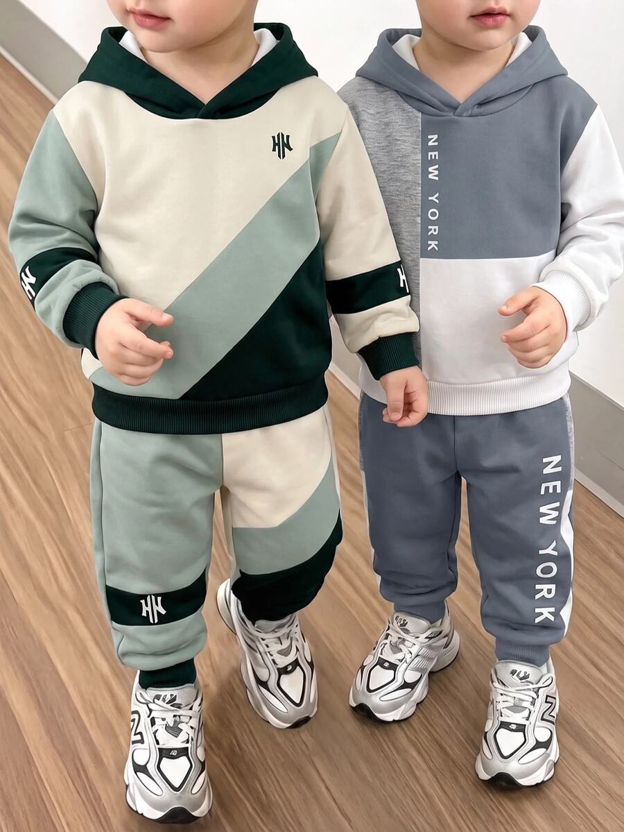 小男孩休閒極簡寬鬆運動連帽衛衣4件套,適合秋冬,經典酷感復古配色拼接圖案印花,精緻小Logo圖案印花,配色拼接圖案印花,New York文字圖案印花 - 彩色 - 查看 1
