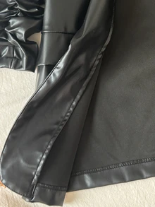 Tween女孩翻領PU 3/4袖西裝外套，適合日常穿著，適用於秋冬/春季 - 黑色 - 查看 13