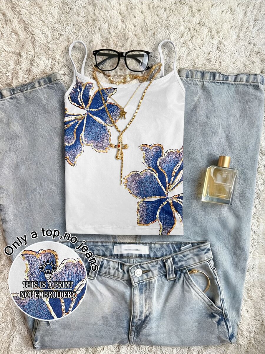 IslaSuriya Y2K Vintage Hibiscus Floral Print Graphic Strap Sleeveless Tank Top Summer Party Going Out Top - Multicolor - View 1
