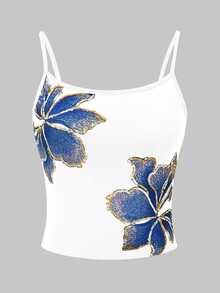 IslaSuriya Y2K Vintage Hibiscus Floral Print Graphic Strap Sleeveless Tank Top Summer Party Going Out Top - Multicolor - View 3