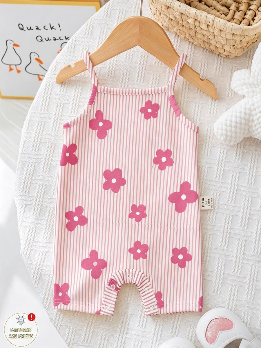 SHEIN LMoss Kids New Born Baby Floral Print Suspender Romper Suitable For Summer - Multicolor - View 1