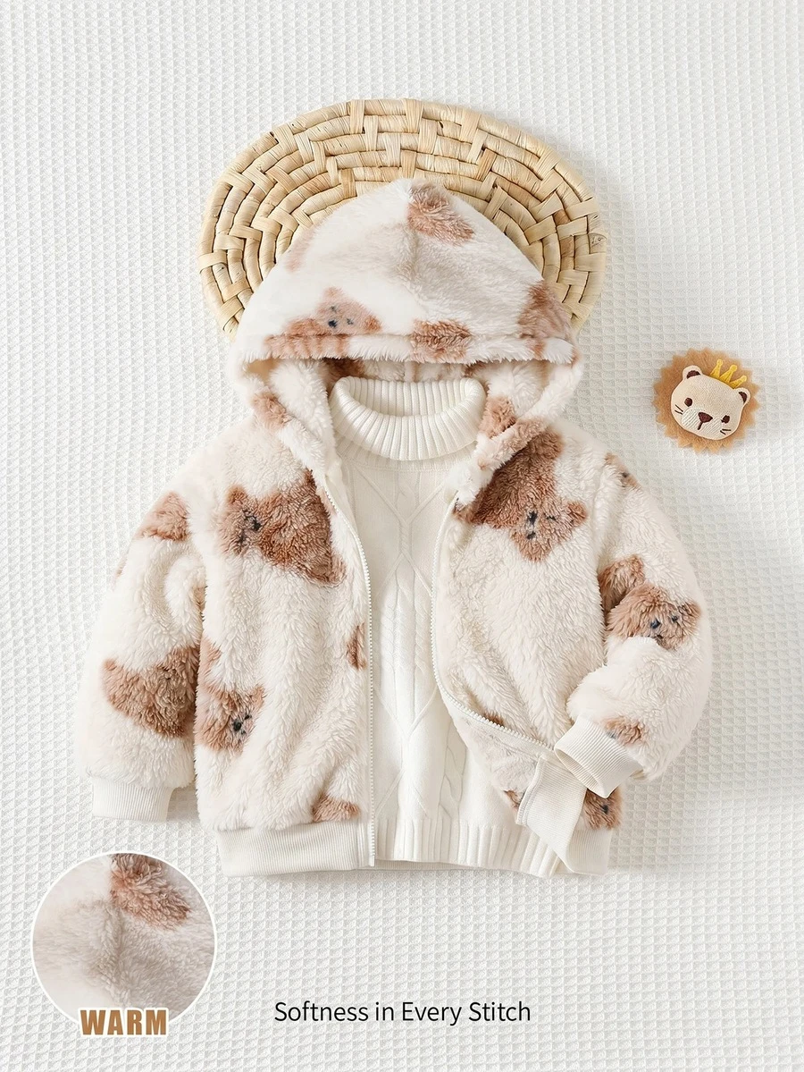 Cozy Pixies Baby Boy Decorative Woven Label Hooded Long Sleeve Winter Jacket, Thermal Lined Thick Style - Multicolor - View 1