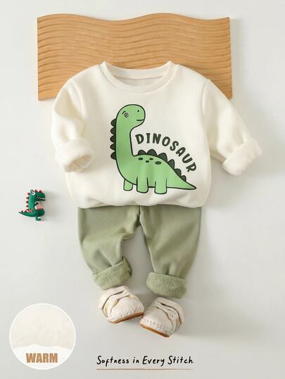 Cozy Pixies Baby Boy Cartoon Animal Pattern Knitted Soft Crew Neck Long Sleeve Pullover Sweatshirt And Elastic Waist Long Pants 2-Piece Set, Thermal Lined Thickened, Little Dinosaur Sweatshirt Outfit, Suitable For Winter, Casual And Comfortable