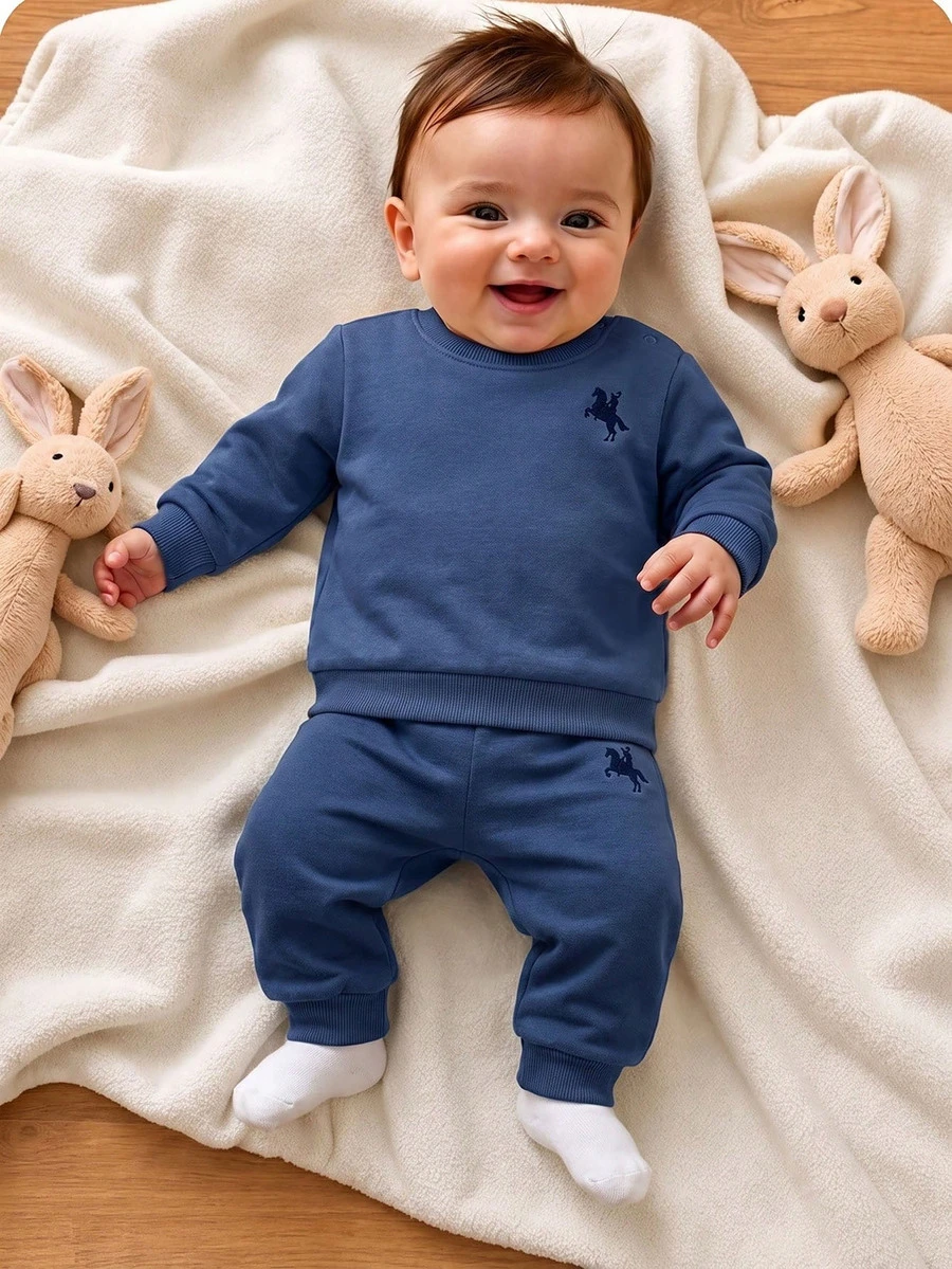 Newborn Baby Knight Pattern Long Sleeve Top And Pants Casual Daily Outfit Set - Blue - View 1
