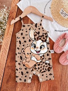 Newborn Baby Girls Casual Cute Summer Suspender Romper, Rabbit Leopard Bow Graphic, Black And White Leopard Print And Polka Dot, Family Matching - Multicolor - View 3