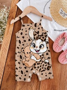 Newborn Baby Girls Casual Cute Summer Suspender Romper, Rabbit Leopard Bow Graphic, Black And White Leopard Print And Polka Dot, Family Matching - Multicolor - View 1
