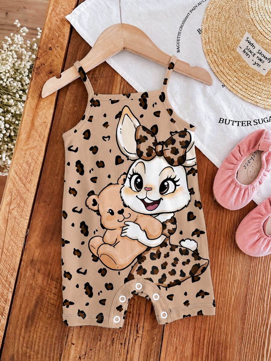 Newborn Baby Girls Casual Cute Summer Suspender Romper, Rabbit Leopard Bow Graphic, Black And White Leopard Print And Polka Dot, Family Matching - Multicolor - View 1