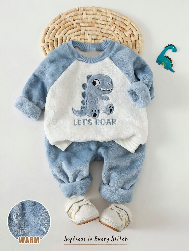Cozy Pixies Baby Boy Cartoon Animal Pattern Fleece Lined Thick Crew Neck Long Sleeve Pullover Sweatshirt And Elastic Waist Long Pants 2-Piece Set, Comfortable Skin-Friendly Versatile Fashion Minimalist Basic Style, Suitable For Indoor, Outdoor, Daily, Sports, Play, Party, Photo, Holiday, Christmas, Dinosaur Outfit, Infant Boy Set - Multicolor - View 1