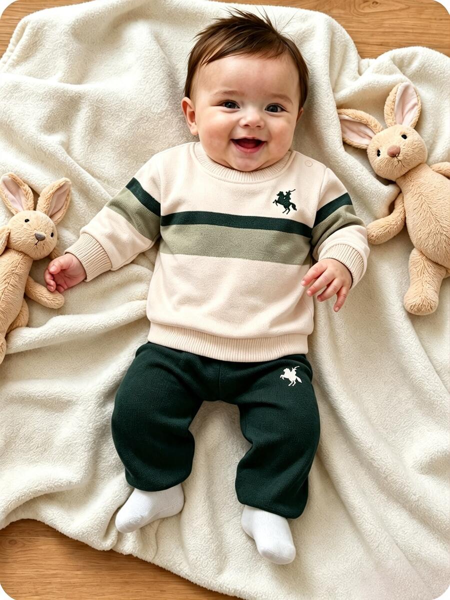 Newborn Baby Knight Pattern Round Neck Long Sleeve Top And Pants Set - Multicolor - View 1