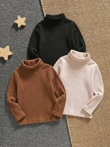 SHEIN 男嬰女嬰高領長袖針織上衣 T-shirt，秋冬款舒適親膚百搭休閒日常時尚可愛，適合室內、戶外、日常、運動、玩耍、派對、攝影、假期、開學、街頭穿搭、萬聖節 - 彩色 - 查看 1