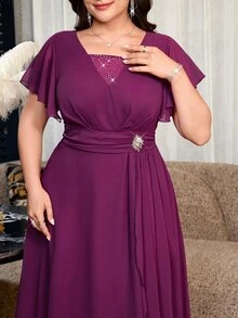 Reflora 大尺碼女款水鑽裝飾休閒優雅收腰派對正式晚宴禮服婚禮深紫色夏季 - 紫色 - 查看 2