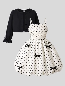 SHEIN 2件組女童幼童套裝，溫柔女孩風黑色長袖外套搭配杏色圓點數位印花蝴蝶結肩帶洋裝，薄款日常休閒度假春/夏季 - 黑色 - 查看 3