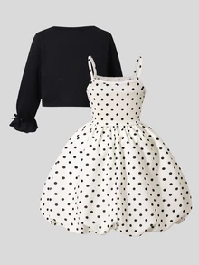SHEIN 2件組女童幼童套裝，溫柔女孩風黑色長袖外套搭配杏色圓點數位印花蝴蝶結肩帶洋裝，薄款日常休閒度假春/夏季 - 黑色 - 查看 2