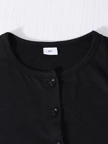 SHEIN 2件組女童幼童套裝，溫柔女孩風黑色長袖外套搭配杏色圓點數位印花蝴蝶結肩帶洋裝，薄款日常休閒度假春/夏季 - 黑色 - 查看 5