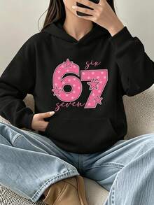 青少年女孩休閒服飾 波點五角星粉色數字67字母圖案印花基礎連帽衛衣 適合日常穿著 - 黑色 - 查看 1