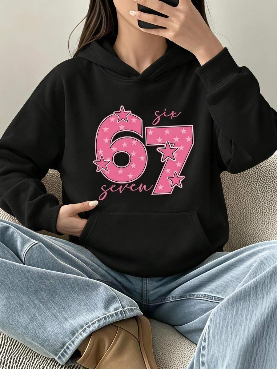 青少年女孩休閒服飾 波點五角星粉色數字67字母圖案印花基礎連帽衛衣 適合日常穿著 - 黑色 - 查看 1