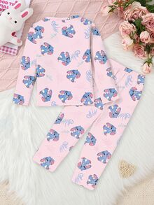 SHEIN Playful Pals 2件套少女可爱蓝兔子和草莓印花牛奶丝针织面料宽松长袖上衣和裤子睡衣套装 - 粉色 - 查看 2