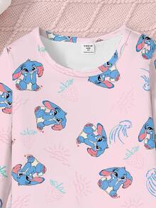 SHEIN Playful Pals 2件套少女可爱蓝兔子和草莓印花牛奶丝针织面料宽松长袖上衣和裤子睡衣套装 - 粉色 - 查看 4